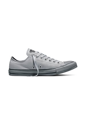 Grijze lage canvas sneaker met rubberen zool en afgeronde neus, zijwaartse veterluiting en twee ventilatieoogjes dicht bij de zool, naar rechts gericht op witte achtergrond.