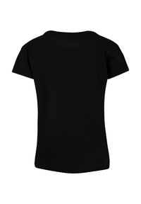 Black cotton t-shirt with short sleeves, round neckline, and a straight hem. The fabric has a smooth texture and a simple design.