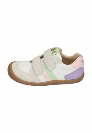 White sneaker with beige suede straps, green and pink side stripes, purple heel patch, and brown rubber sole.