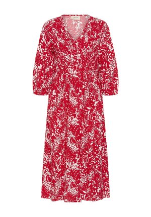 Červené květinové šaty s výstřihem do V, tříčtvrtečními rukávy a elastickým pasem. Látka má bílý květinový a paisley vzor.