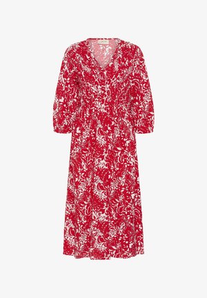 Červené květinové šaty s výstřihem do V, tříčtvrtečními rukávy a elastickým pasem. Látka má bílý květinový a paisley vzor.