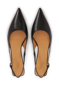 Mustad nahast slingback baleriinad terava nina ja pruuni siseosaga, mille külgedel on lõikeavad. Hõbedane detail ankle strap'il.