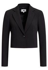 Cropped black blazer made of lightweight fabric, featuring a notched lapel, a single button closure, and long sleeves.1
