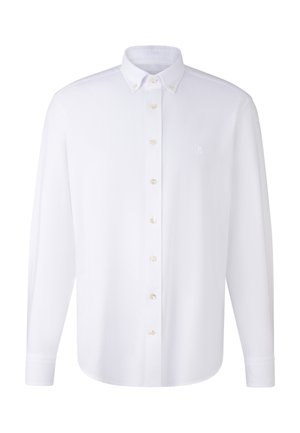 Bílá košile s dlouhým rukávem a knoflíkovým zapínáním vyrobená z hladké látky; má knoflíkový límec, perlovo-bílé knoflíky a malé logo na hrudi.
