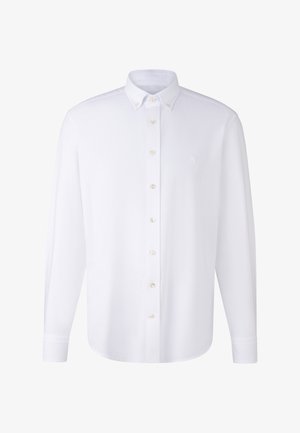 White long-sleeve button-up shirt made of smooth fabric; features a button-down collar, pearlescent buttons, and a small logo on the chest.