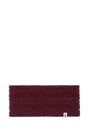 Burgunderfarbener gestrickter Haarreifen mit Fischgrätenmuster, mit strukturierter Oberfläche und einem kleinen Logo-Tag auf einer Seite.