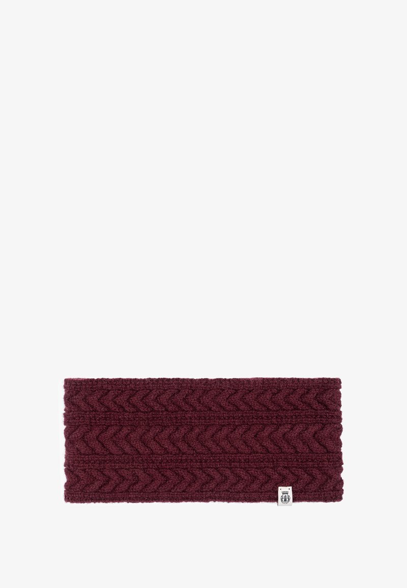 Burgundy knitted headband with a herringbone pattern, featuring a textured finish and a small logo tag on one side.