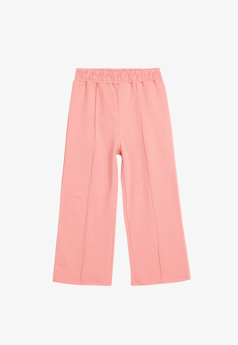 Lyserøde bukser med vidde, lavet af blødt stof, med elastisk talje og for-pleats for en afslappet pasform. Ingen lommer eller dekorationer.