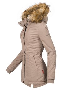 Beige parka jacket with a fur-lined hood, front snap closure, side pockets, ribbed cuffs, and a slightly cinched waist for shape.
