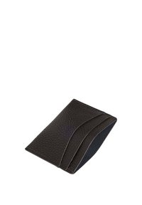 Black leather wallet with a textured exterior, featuring a curved design and contrasting navy interior. Compact and minimalistic shape.