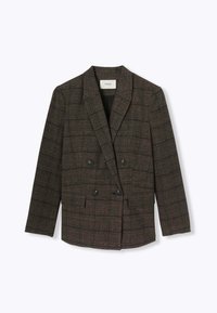 Blazer croisé en tissu à carreaux sombres. Présente des revers pointus, deux poches avant et des boutons noirs. Matériau en mélange de laine texturé.