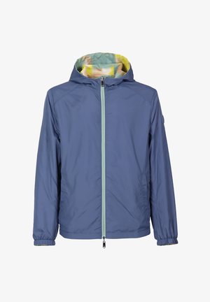 Plava lagana jakna s kapuljačom, s kontrastnim zipom u mint zelenoj boji i unutrašnjosti, elastičnim manžetama i glatkom, vodootpornom teksturom.