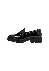 Mocassin en cuir verni noir avec semelle épaisse à crampons et détail de bride, vue de profil sur fond blanc.