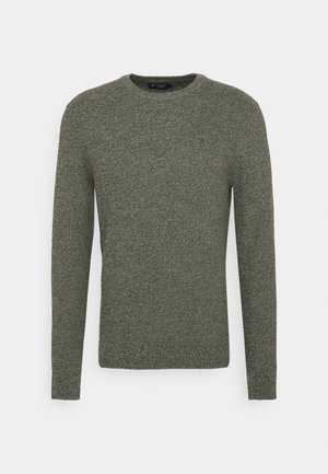 Long-sleeve crew neck knitted sweater in textured olive green fabric with subtle logo on the chest.
