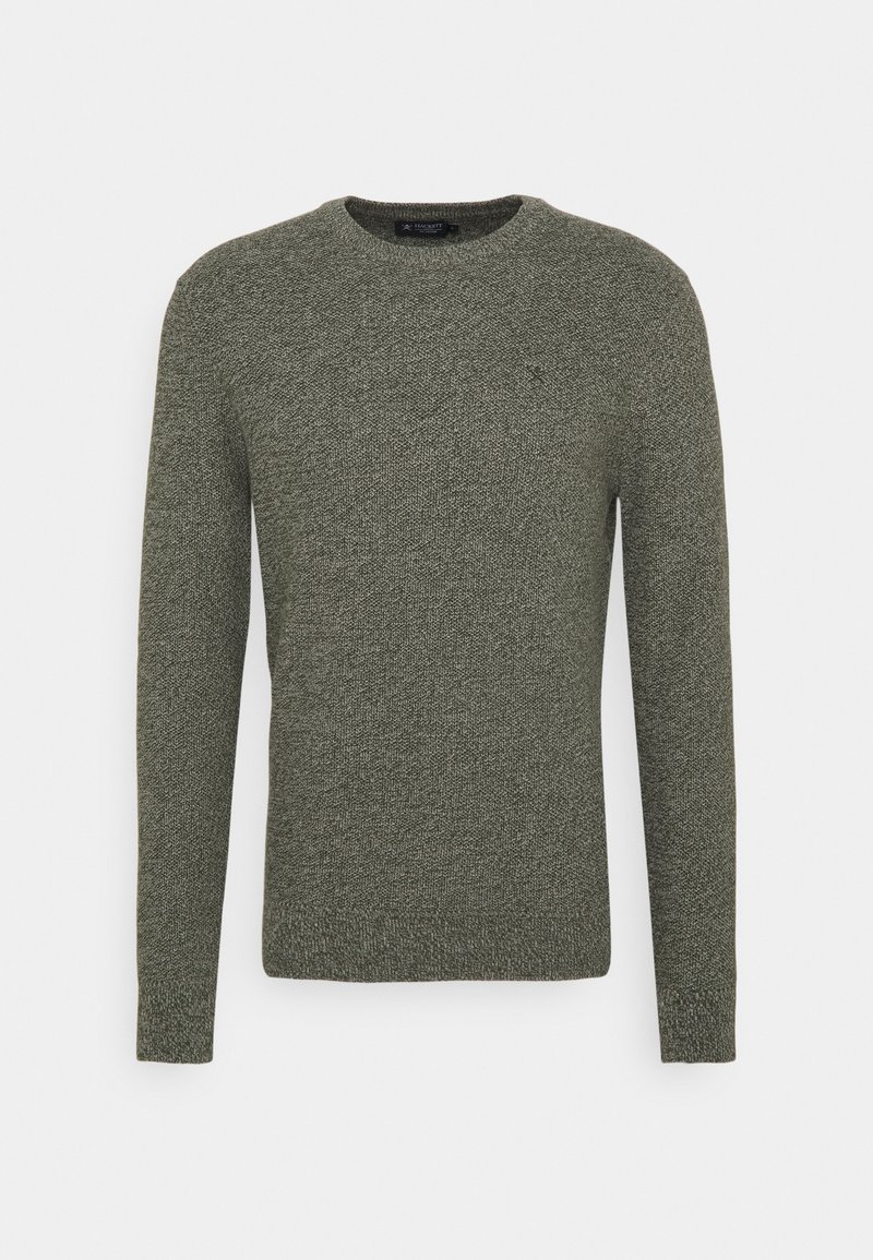 Pull en tricot à manches longues avec col rond en tissu texturé vert olive, avec un logo subtil sur la poitrine.