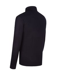 Dunkelblaues Strickpullover mit hohem Kragen, langen Ärmeln und gerippten Bündchen. Hat eine glatte Textur mit einem dezenten, gleichmäßigen Muster.