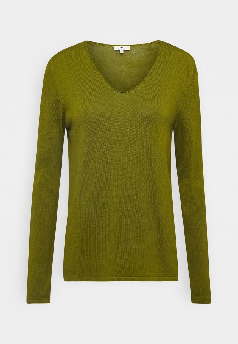Pull en maille à manches longues, col en V de couleur vert olive, taille petite, design uni, présenté sur un fond blanc.