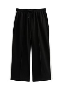 Zwarte wijde broek met een elastische tailleband en trekkoord. Bevat witte zijstrepen en een gladde stofstructuur.