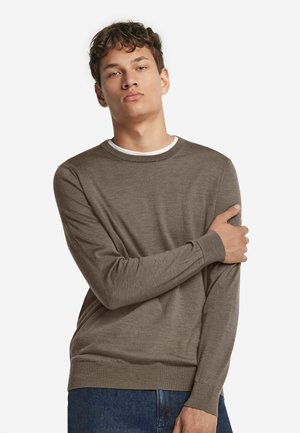 Brauner langärmliger Pullover aus weichem Material mit rundem Halsausschnitt und gerippten Ärmelbündchen. Trägt man über einem weißen T-Shirt, kombiniert mit blauen Jeans.