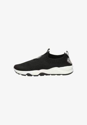 Black sneaker with a knitted upper, slip-on design, textured fabric, and a white rubber sole. Features a logo accent on the side.