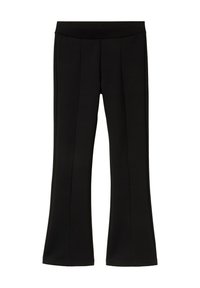 Black flared trousers made of ribbed fabric, featuring a wide waistband and front creases for added detail and texture.