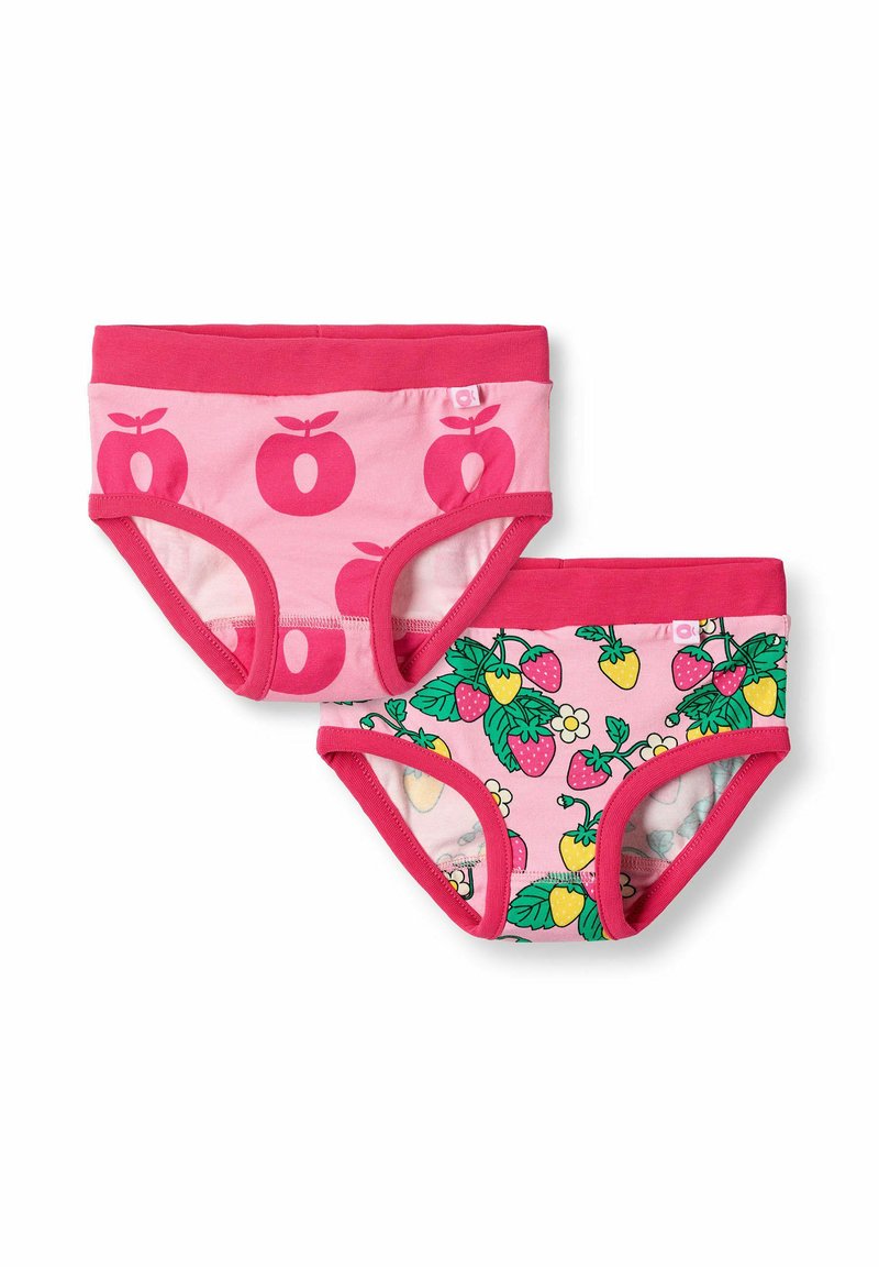 Kaks paari roosa laste puuvillaseid aluspükse. Ühed on õunaprintidega, teised on maasika- ja lillemustriga. Mõlemal on roosad elastsed vöökoht.