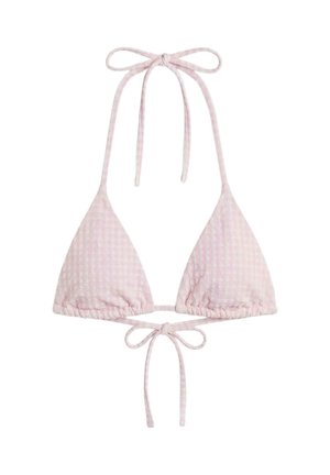 Lyserødt, struktureret stof bikini-top med trekantet skåle, halterneck-stropper og bindelukning foran.