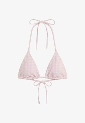 Top bikini in tessuto rosa chiaro texturizzato con coppe a triangolo, laccetti al collo e chiusura frontale con laccio.