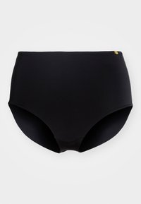 Høytlivsbikini-bunn i svart, laget av glatt og elastisk stoff med ensfarget design. Kjent for sine rene linjer og minimale metallkomponenter.
