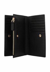 Portafoglio in pelle nera con finitura testurizzata, dotato di una tasca con zip e numerosi scomparti per carte, chiuso con un bottone a pressione.