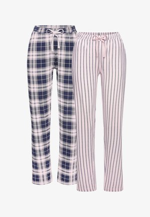 Kaks paari paelaga pyjamapükse, üks tumesinise ja roosa ruuduga, teine roosa ja halli vertikaalsete triipudega.