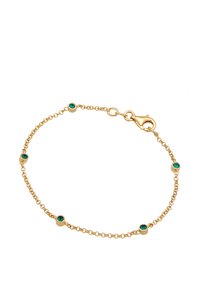 Bracciale in catena d'oro con cinque cristalli di turchese incastonati in accenti rotondi d'oro, con chiusura a moschettone.
