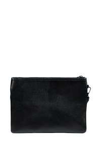 Pochette nera in pelle con una superficie liscia, forma rettangolare e chiusura con zip superiore. Design compatto e versatile per trasportare gli essenziali.