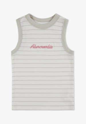 Bijeli rebrasti top s tankim svijetlosmeđim prugama, okruglog izreza i izvezenim ružičastim logotipom "Abercrombie" sprijeda.