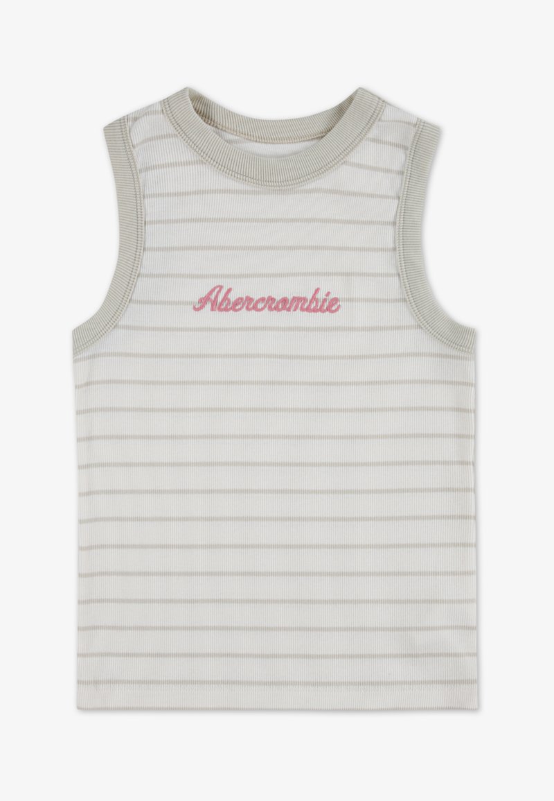 Λευκό ριπ camiseta με ανοιχτό μπεζ ρίγες, με στρογγυλή λαιμόκοψη και κεντημένο λογότυπο "Abercrombie" σε ροζ στο μπροστινό μέρος.