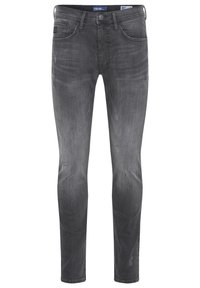 Jeans ajustados en gris desgastado, con cinco bolsillos, cremallera y un ligero desvanecimiento, además de pequeñas deshilachaduras en la parte frontal.