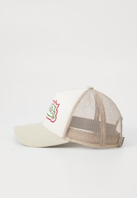 Beige cap with a mesh back and a flat brim. Features a colorful logo in red and green on the front. Textured fabric with stitching details.