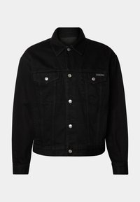 Black denim jacket featuring a classic design, pointed collar, two chest pockets with button closures, and silver hardware accents.