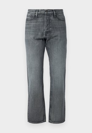 Grå denimjeans med rett benedesign, fem lommer og klassisk knappelukking, med subtil falming og kontraststing.