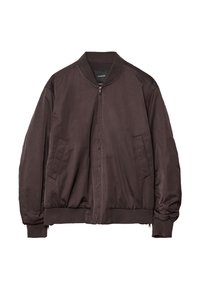 Tamno smeđi bomber jakna s patent zatvaračem sprijeda, rebrastim manžetama i dva bočna džepa. Glatka, lagana tkanina s opuštenim krojem.