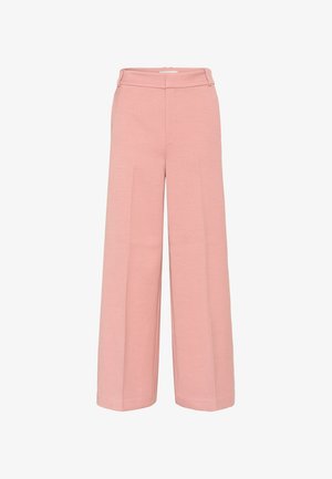 Svijetlo ružičaste široke hlače s glatkom teksturom i uskim pojasom. Imaju dva bočna džepa i jednostavan, minimalistički dizajn.