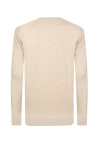 Maglione lavorato a maglia beige con maniche lunghe, colletto tondo e orlo a coste. Texture morbida e design posteriore semplice e senza cuciture.