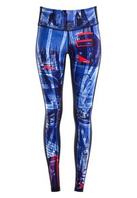 Blauwe leggings met stadslandschapsgraphics, featuring een mix van texturen. Zwarte accenten aan de zijkanten benadrukken het ontwerp. Elastische tailleband voor comfort.