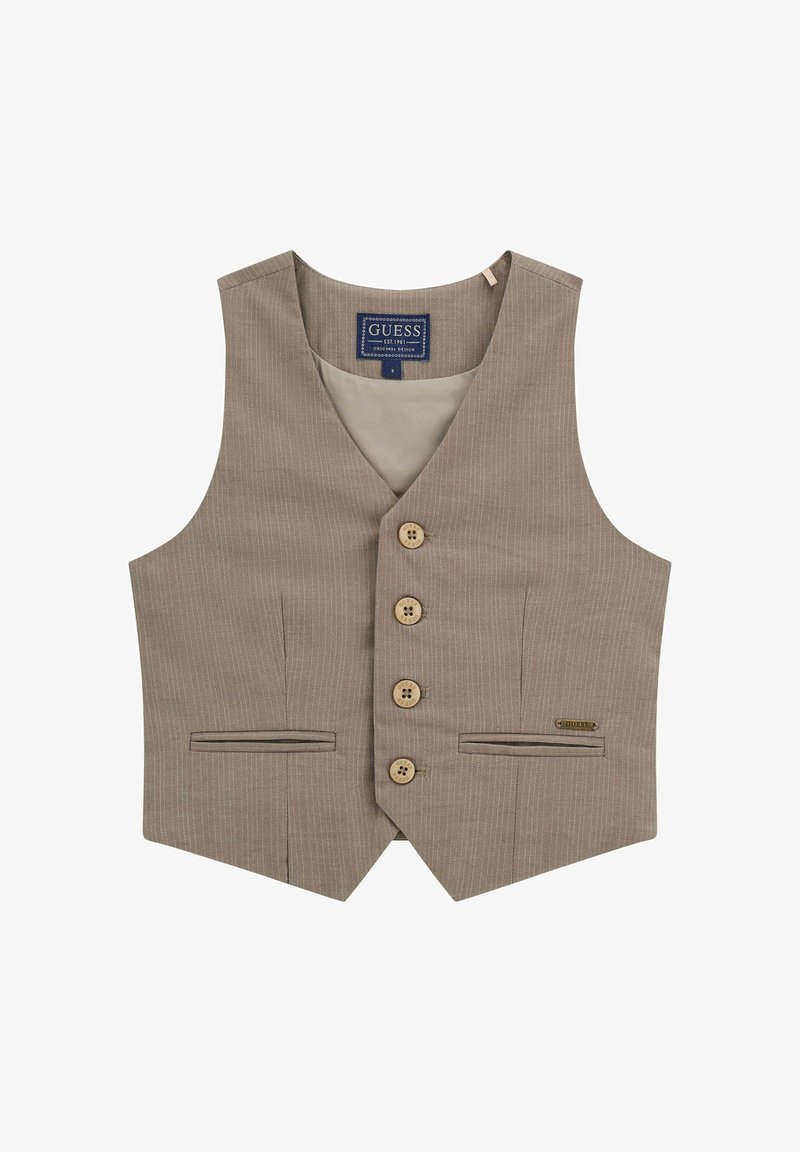 Beige gestreifter Weste mit V-Ausschnitt, fünf Holzknöpfen und zwei Seitentaschen. Logofähnchen auf der linken Vorderseite. Glatte innere Futter.