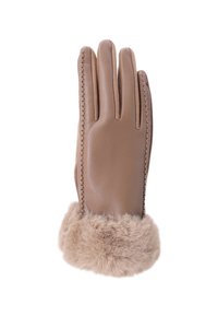 Guanto in pelle marrone con polsino di pelliccia, cuciture dettagliate lungo le dita e i bordi, progettato per calore e stile.