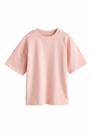 Light pink cotton t-shirt with a crew neck, short sleeves, and a loose fit. Smooth texture with no visible patterns or accents.