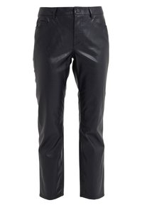 Pantalon en simili cuir noir avec une texture lisse, coupe slim, poches avant et fermeture classique à boutons.