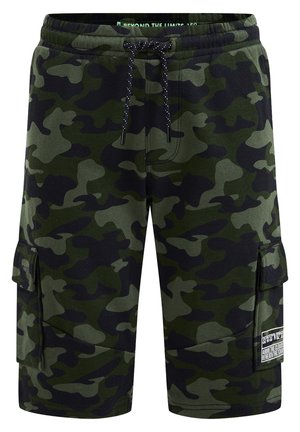 Grüne und schwarze Camouflage-Cargoshorts mit elastischem Bund, verstellbarem Kordelzug und Seitentaschen, mit kleinem Stoffetikett am rechten Bein.