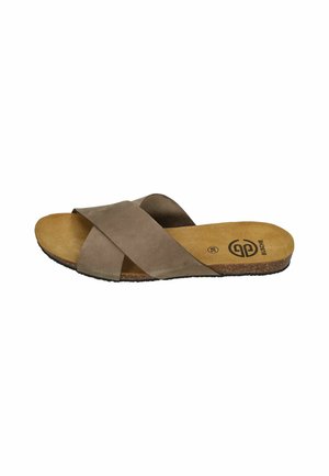 Brown slide sandal with crossed suede straps, cork footbed, and black rubber sole, showing brand logo and size 38 on insole.