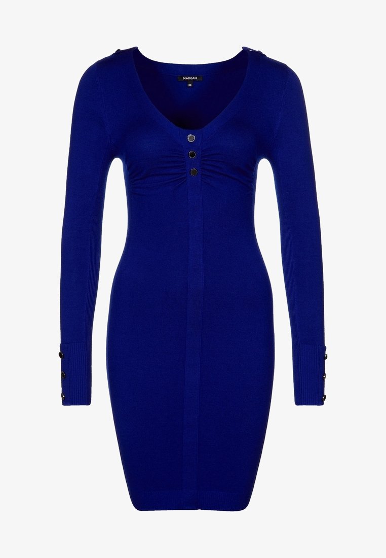 Robe ajustée en tricot bleu roi à manches longues avec encolure dégagée, trois boutons noirs sur le devant de la poitrine et aux poignets, et un détail froncé sous la poitrine.